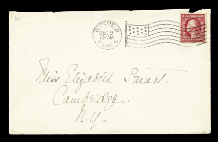 386, 2c Carmine coil, perf. 12 horiz., attractive appearing single that is well centered with bright color, tied to cover to Cambridge, N.Y. by neat Pittsfield, Mass. machine
flag cancel, dated December 9, 1910, the earliest documented usage,<