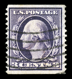 389, 3c Deep violet, Ty. I, Orangeburg Coil, perf. 12 vert., used, a rather attractive appearing example, strong color in the characteristic genuine shade, better centering
than often found, large area of thinning, which is not uncommon on thi