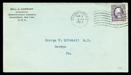 389, 3c Deep violet, Ty. I, Orangeburg Coil, perf. 12 vert., an especially fresh and bright example of this major coil rarity, exhibiting the deep violet color that is typical
of the genuine stamps, tied to an unusually clean bluish green cove