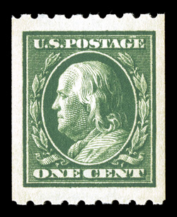 390, 1c Green coil, perf. 8½ horiz., a spectacular mint single, featuring the most immense margins imaginable on a genuine coil, and being flawlessly centered within these
incredible borders, deep intense color and impression, o.g., n.h., superb