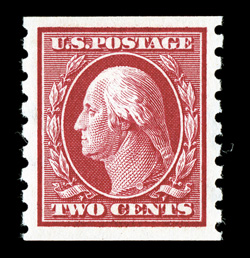 393, 2c Carmine coil, perf. 8½ vert., gem mint single that is impeccably well centered within exceptionally large margins, radiant color and a vivid impression on fresh paper,
immaculate o.g., n.h., extremely fine 2009 PSE certificate (XF-Super