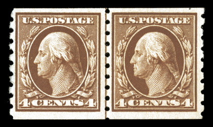 395, 4c Brown coil, perf. 8½ vert., scarce guide line pair, attractively centered, rich color, o.g., n.h., very fine 2007 PSE certificate.