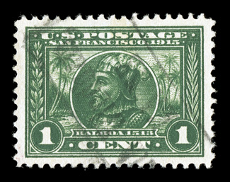 397, 1c Panama-Pacific, precisely centered within wide margins, remarkably deep color and a prooflike impression, light boxed cancel, an extremely fine used gem 2008 PSE
certificate (Superb 98 SMQ $270.00).