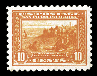 404, 10c Panama-Pacific, perf. 10, beautifully centered within lavishly large margins, attractive color, disturbed o.g., extremely fine 2008 PSE certificate (XF-Superb 95 Jumbo
DOG SMQ for $1,1500.00 for OGph 95 and $2,150.00 for OGph 98).