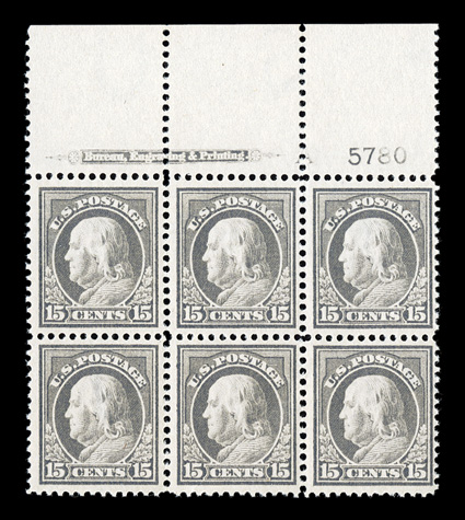 418, 15c Gray, an outstanding full top margin imprint, letter A and plate no. 5780 block of six, incredibly fresh, with strong and intact perforations, uncharacteristically
well centered throughout, o.g., n.h., extremely fine overall the perf