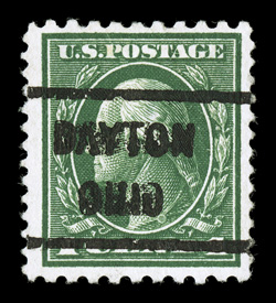 423D, 1c Green, perf. 10x12, used, with typical Dayton, Ohio pre-cancel, better centering than usually found, deep color on bright paper, thinning and light creases, very fine
appearance a very rare stamp, with only about 42 copies recorded,