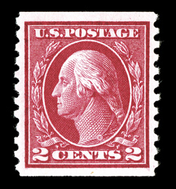 444, 2c Carmine flat plate coil, perf. 10 vert., gorgeous mint example, with intense radiant color and a vivid impression on fresh paper, extraordinarily well balanced margins
all around, o.g., n.h., extremely fine a gem coil single 2009 PSE c