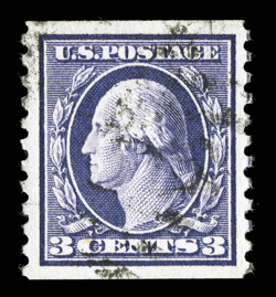 445, 3c Violet flat plate coil, perf. 10 vert., used, beautifully centered within large margins, exceptionally bright color on pristine white paper, lightly cancelled,
extremely fine select quality used singles such as this are actually very sc