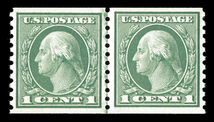 452, 1c Green rotary coil, perf. 10 vert., joint line pair, excellent centering, wonderfully fresh, o.g., n.h., extremely fine 2009 PSE certificate (XF-Superb 95 SMQ
$480.00).
