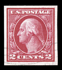 459, 2c Carmine imperforate coil, rarely seen used single, large margins all around, brilliantly rich color, light wavy machine cancel, very fine 1999 PSE
certificate.