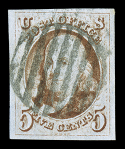 1, 5c Pale brown, used, large to mostly extra-large margins all around, warm color in the pale brown shade, complete strike of a black circular grid cancel, extremely fine 2009
PSE certificate.