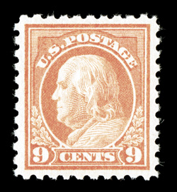 471, 9c Salmon red, an extraordinarily choice mint single of this surprisingly difficult stamp, being marvelously well centered within much larger margins than typically found
on this value, bright fresh color, o.g., n.h., an extremely fine gem