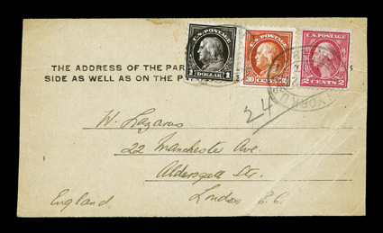 478, $1.00 Violet black, fine single with small flaws, along with 30c Orange red (439 s.e. at bottom) and 2c Rose (499), all tied to large portion of parcel label to England by
New YorkPA. Term.5-24, 1917 double circle oval, this bein