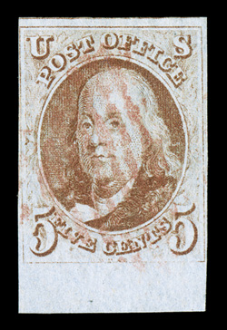 1, 5c Red brown, handsome bottom sheet-margin used single, with clear to large margins on the other three sides, including a bit of the adjacent frame line at top, fresh color
on crisp clean paper, light red grid cancel, nearly very fine.