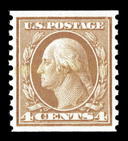 495, 4c Orange brown coil, perf. 10 vert., gem mint single, flawlessly centered, fresh color, o.g., never hinged, extremely fine 2009 PSE certificate (Superb 98 SMQ $190.00):
the highest grade the PSE has given this stamp.