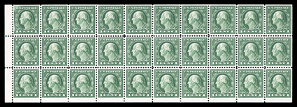 498f, 1c Green A.E.F. booklet pane of thirty, remarkably well centered throughout, strong bright color, o.g., lightly hinged, top left stamp with a small area of dry print,
position 3 with a natural inclusion, very fine-extremely fine.