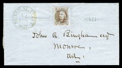 1, 5c Red brown, very large margins all around, especially rich color, wonderfully postmarked on an 1851 folded letter to Monroe, Wis. by bold central strike of a greenish blue
grid, with matching Paid to right and superb Mineral Point, Wis