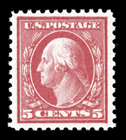 505, 5c Rose error, a most desirable mint single, featuring outstanding centering amid especially wide margins, bright color, unblemished o.g., n.h., extremely fine gem 2004 PF
certificate.