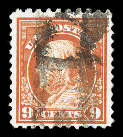509a, 9c Salmon red, perf. 10 at bottom, used, better centering than most of the other known examples, roller cancel (most copies of this variety are pre-cancelled), creases
and a small thin, very fine appearance our records indicate less tha