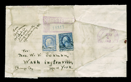 515, 20c Light ultramarine, single along with 5c Blue (504) tied to a folded sheet being a registered wrapper paying the five times letter rate, stamps tied by light ovals, May
4, 1918 earliest documented usage, posted from Spartansburg, S.