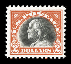 523, $2.00 Orange red and black, exceptionally well centered within large margins, wonderfully fresh colors, o.g., n.h., extremely fine 2008 PSE certificate (VF-XF 85 SMQ
$1,200.00).