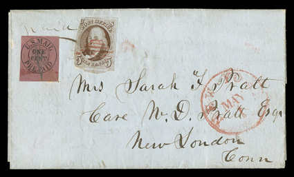 1, 5c Red brown, tied by red grid cancel and matching New York c.d.s., along with 1c Black on rose carrier stamp (6LB9) on folded letter to New London, Conn., 5c stamp with
irregular margins and in at left, carrier stamp with four full to v