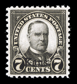 665, 7c Kans. ovpt., very well centered within unusually large margins for this series, deep color, o.g., n.h., extremely fine 2009 PSE certificate (XF-Superb 95 SMQ
$280.00).
