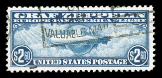 C15, $2.60 Graf Zeppelin, used, exceptionally well centered within large margins, bright color on fresh white paper, light slogan cancel, extremely fine and choice 1992 PF
certificate.