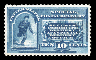 E1, 10c Blue, extraordinarily well centered, strong rich color, o.g., n.h., extremely fine an uncommonly choice example of this special delivery stamp 1983 and 1992 PF
certificates, as well as a graded 2007 PF certificate (XF 90).