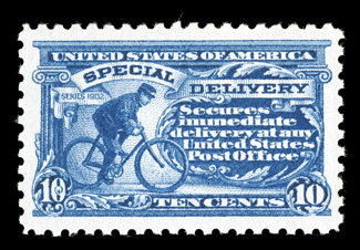 E9a, 10c Blue, incredibly well centered amid exceptionally large margins, strikingly intense color and a prooflike impression on immaculate paper, unusually even and intact
perforations for a perf. 10 stamp, pristine o.g., n.h., extremely fine