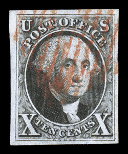 2, 10c Black, used, four large margins, crisp detailed impression, bright red grid cancel, extremely fine 1989 PF certificate.