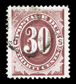 J27, 30c Bright claret, used, well centered within huge margins, exceedingly bright and fresh, fairly light cancel, extremely fine 1996 PF certificate.