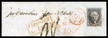 2, 10c Black, mostly large margins to well clear at base, tied by red grid to large piece to France endorsed pr Cambria from New York, red Boston23 May10 cts. c.d.s., red 1848
British transit backstamp, red Calais entry c.d.s. and boxed C
