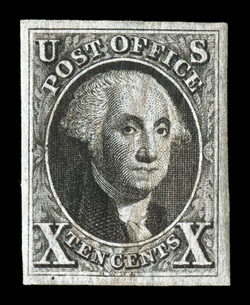 2, 10c Black, used, large even margins all around, strong color and fine impression, lightened ms. cancel and gummed, very fine.