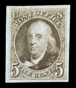 3, 5c Red brown reproduction, without gum as issued, an exceptionally choice example, featuring four lavishly large and nicely balanced margins, which is most uncharacteristic
of this issue, glorious rich color and a highly detailed impression,