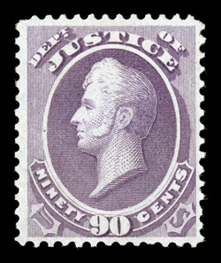 O34, 90c Justice, nicely centered and margined, rich color, o.g., lightly hinged, a very fine example of this scarce high value official 1996 PF certificate.