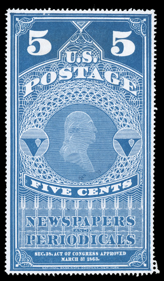 PR5, 5c Dull blue, without gum as issued, select quality example that is remarkably well centered, plus its color is exceptionally rich and bright on pristine white paper,
extremely fine 2007 PF certificate (XF 90).