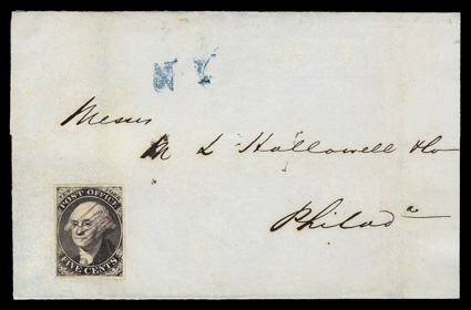 9X1, New York, N.Y., 5c Black Postmaster Provisional, signed ACM connected, pos. 17, uncancelled, oversized even margins all around, tied by vertical file fold to 1847 folded
letter docketed by recipient on 5 February (Quaker date) to Philadelph