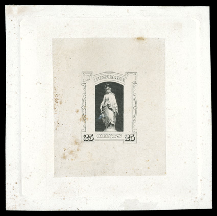 PR9-E1, 25c Black on India, incomplete die essay, mounted on card measuring 72x722mm, with engraved central vignette and numerals (25), with pencil sketch of unadopted frame
design, this being the original model for the 1875 Scott PR9-15 design