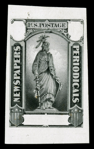 PR9E var., Undenominated incomplete die essay in black on India, mounted on near stamp-size card measuring 27x45mm, being essentially the final basic design for Scott PR9-15,
but with blank spaces for the numerals and value tablets, completel