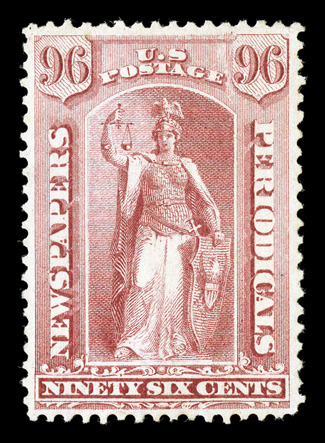 PR23, 96c Rose, attractively centered, fresh color, o.g., lightly hinged, choice very fine actually a very challenging stamp to find in premium original gum condition 2005 PSE
certificate.