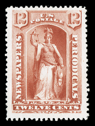 PR63, 12c Red, well centered within huge margins, the size of which are rarely seen on this issue, lovely rich color, o.g., lightly hinged, very fine and choice a striking
stamp 2007 PF certificate.