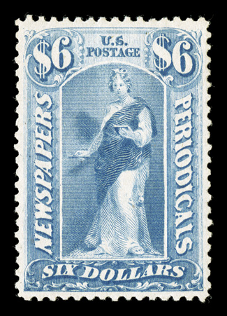 PR73, $6.00 Blue, a highly select mint single that is wonderfully well centered within large margins, exceedingly fresh, with rich color on crisp white paper, o.g., mild h.r.,
extremely fine 2007 PSE certificate (XF 90 OGh SMQ $1,900.00).