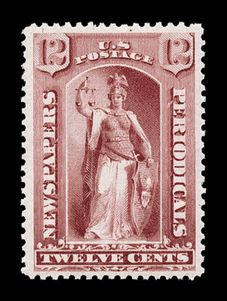 PR82, 12c Carmine, a stunning gem mint single, featuring deep luxuriant color and a razor-sharp impression, outstanding centering within large margins, o.g., never hinged,
extremely fine an especially choice example of this newspaper stamp, whi