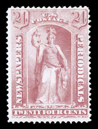 PR96, 24c Pink, lovely pastel color, full o.g., nearly very fine a scarce newspaper stamp that is particularly difficult to find both sound and with original gum 2001 PSE, 2001
PF and 2007 PF certificates.