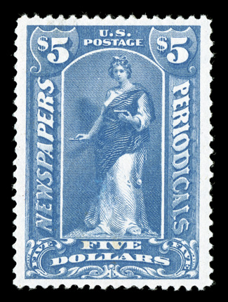 PR109, $5.00 Ultramarine, incredibly well centered within wide margins, deep vibrant color on fresh white paper, o.g., lightly hinged, a few colored in facial scuffs, extremely
fine appearance 2007 PSE certificate.