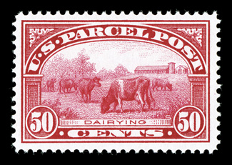 Q10, 50c Parcel Post, wonderfully well centered within particularly large margins, brilliant color, pristine o.g., n.h., extremely fine and quite choice 2006 PSE certificate
for a block of four, this being the bottom left stamp.