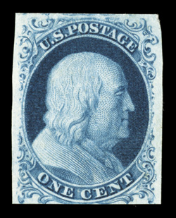 7, 1c Blue, Ty. II, close to large margins all around, rich color and a highly detailed impression, full original gum, lightly hinged, very fine 1999 PF certificate and a 2008
PSE certificate (VF 80 OGph SMQ $1,250.00).