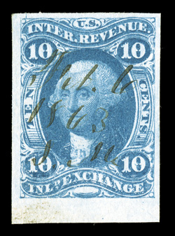 R36a, 10c Inland Exchange, imperforate, handsome bottom sheet-margin single, other margins also large, bright fresh color, neat 1863 ms. cancel, extremely fine 2005 PF
certificate.