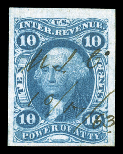R37a, 10c Power of Attorney, imperforate, large to extra-large margins all around, lovely rich color and a well defined impression, light 1863 ms. cancel, extremely fine a
choice example of this scarce stamp 2008 PF certificate.